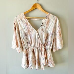 Light Pink Watercolor Wrap-Style Peplum Top Size Small -Flirty Youthful Fun